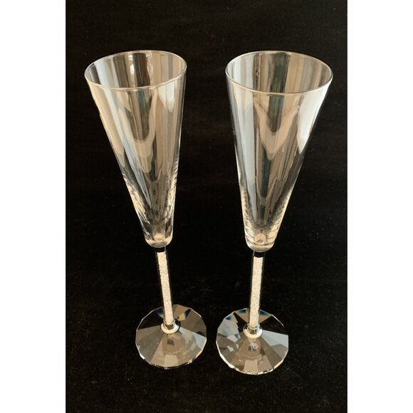 Oleg Cassini Diamond Toasting Flutes Set of Two Champagne Signed Wedding 10 3/4" - Picture 2 of 8